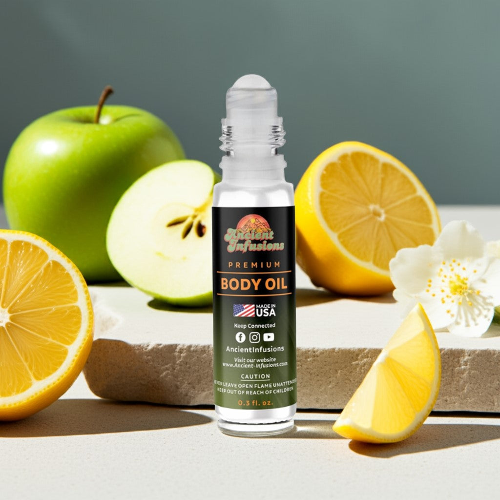 Light Blue Body Oil Body oil bottle with lemons and apples on a wooden surface