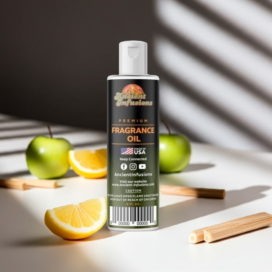 Fragrance oil bottle with apples, oranges, and lemon slices on a wooden board.