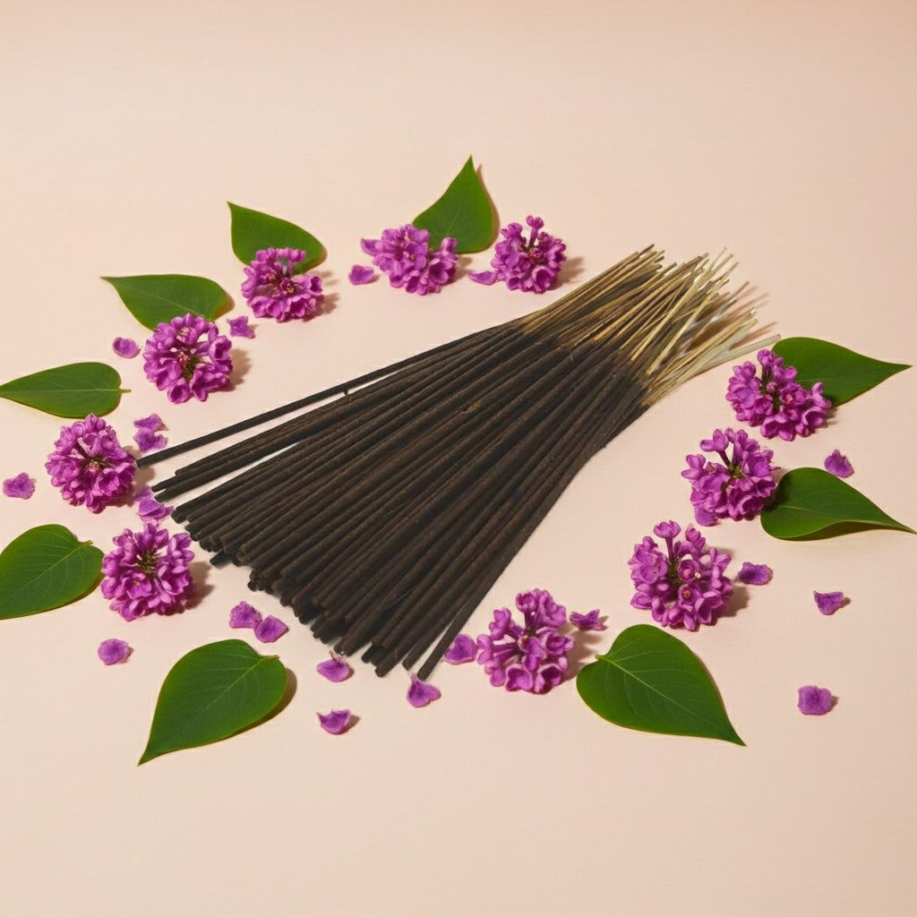 Lilac Incense Sticks with a pink ribbon surrounded by purple flowers and green leaves on a beige background