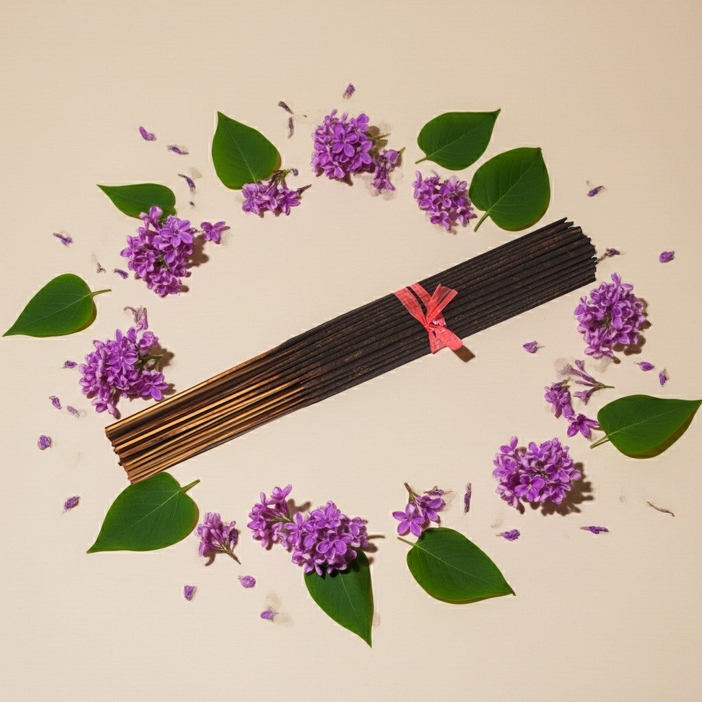 Lilac Incense Sticks with a pink ribbon surrounded by purple flowers and green leaves on a beige background