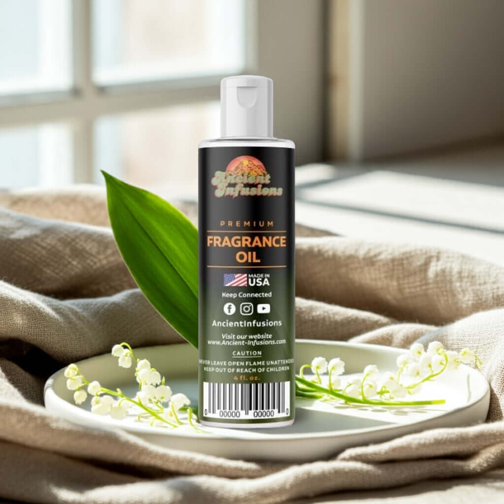 Lily of the Valley Fragrance Oil bottle on plate with lily flowers, capturing a clean, crisp floral aroma perfect for perfumes.