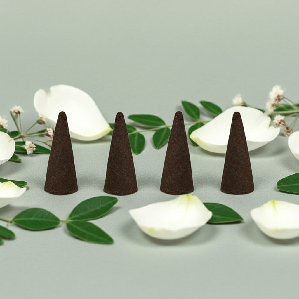Lily of the Valley Incense Cones on a light gray surface with white flowers and green leaves.