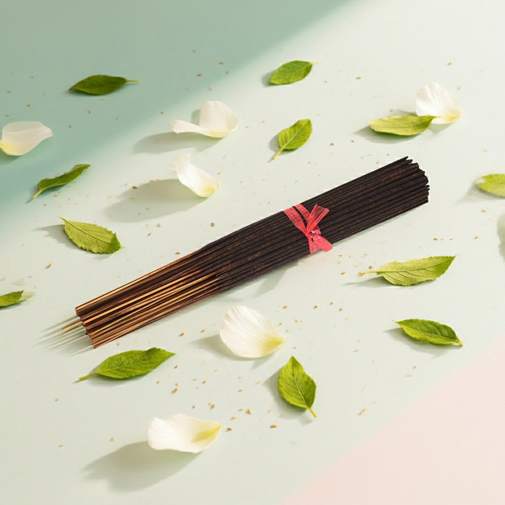 Lily of the Valley Incense Sticks with a pink ribbon on a light background with leaves and petals