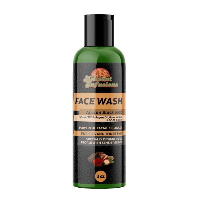 Green bottle of face wash with label on a white background