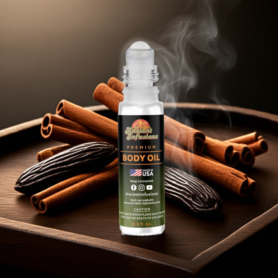 London Playboy inspired body oil bottle on wood tray with cinnamon sticks and warm tones