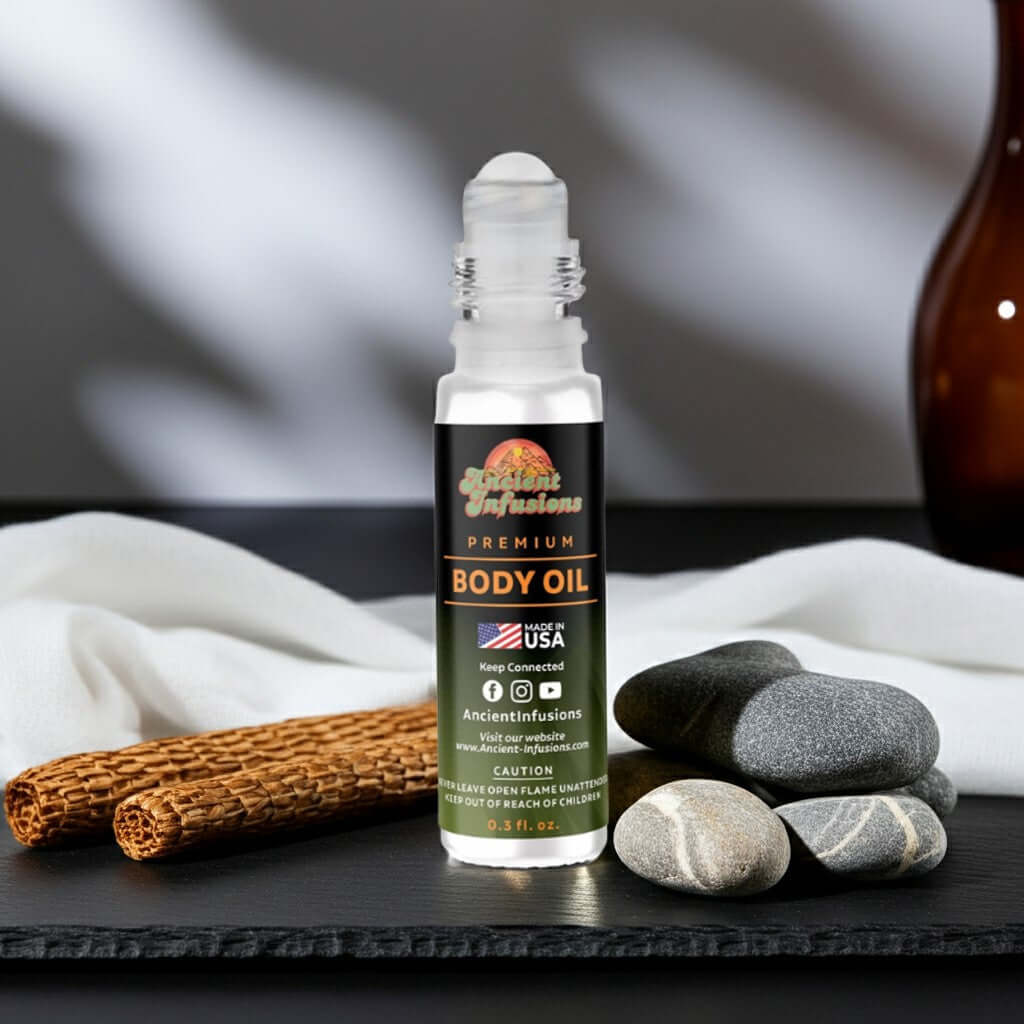 Louis Vuitton eLVes Inspired Body Oil with woody-amber base and white musk on a table with stones and twigs background