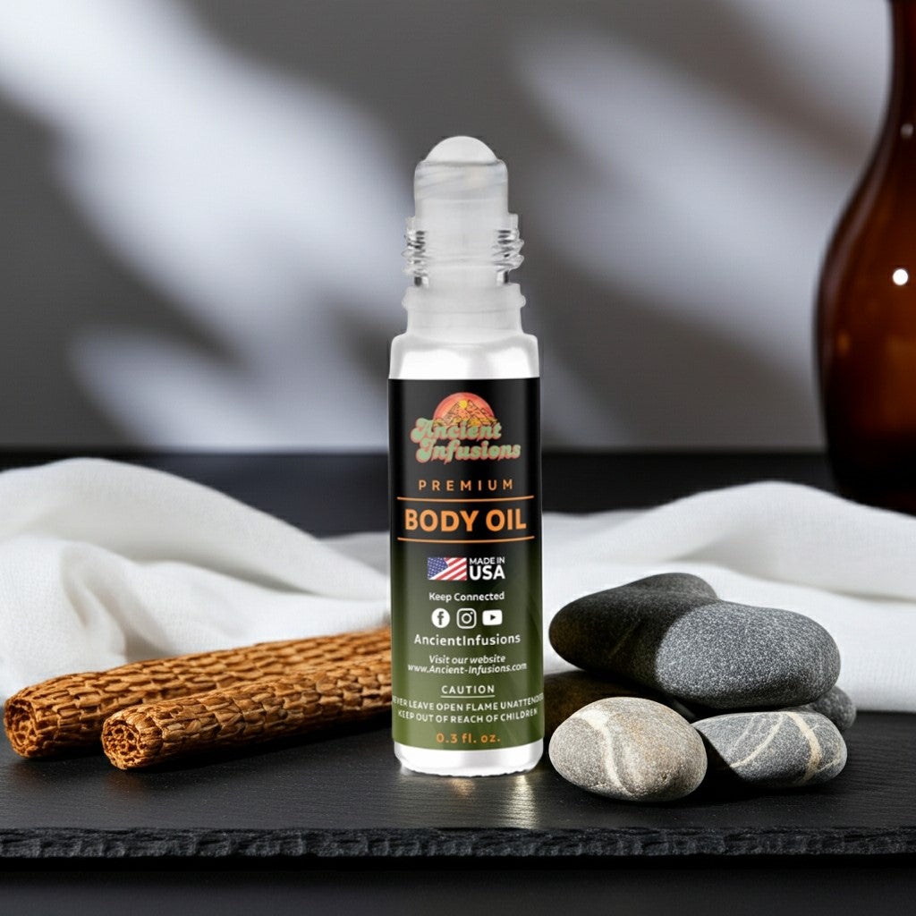 Louis Vuitton eLVes Inspired Body Oil with woody-amber base and white musk on a table with stones and twigs background