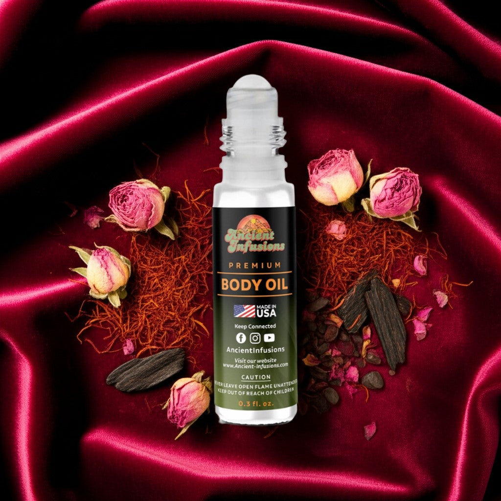 Louis Vuitton Les Sables Roses Inspired Body Oil with rose petals, saffron, and oud wood on a fabric background