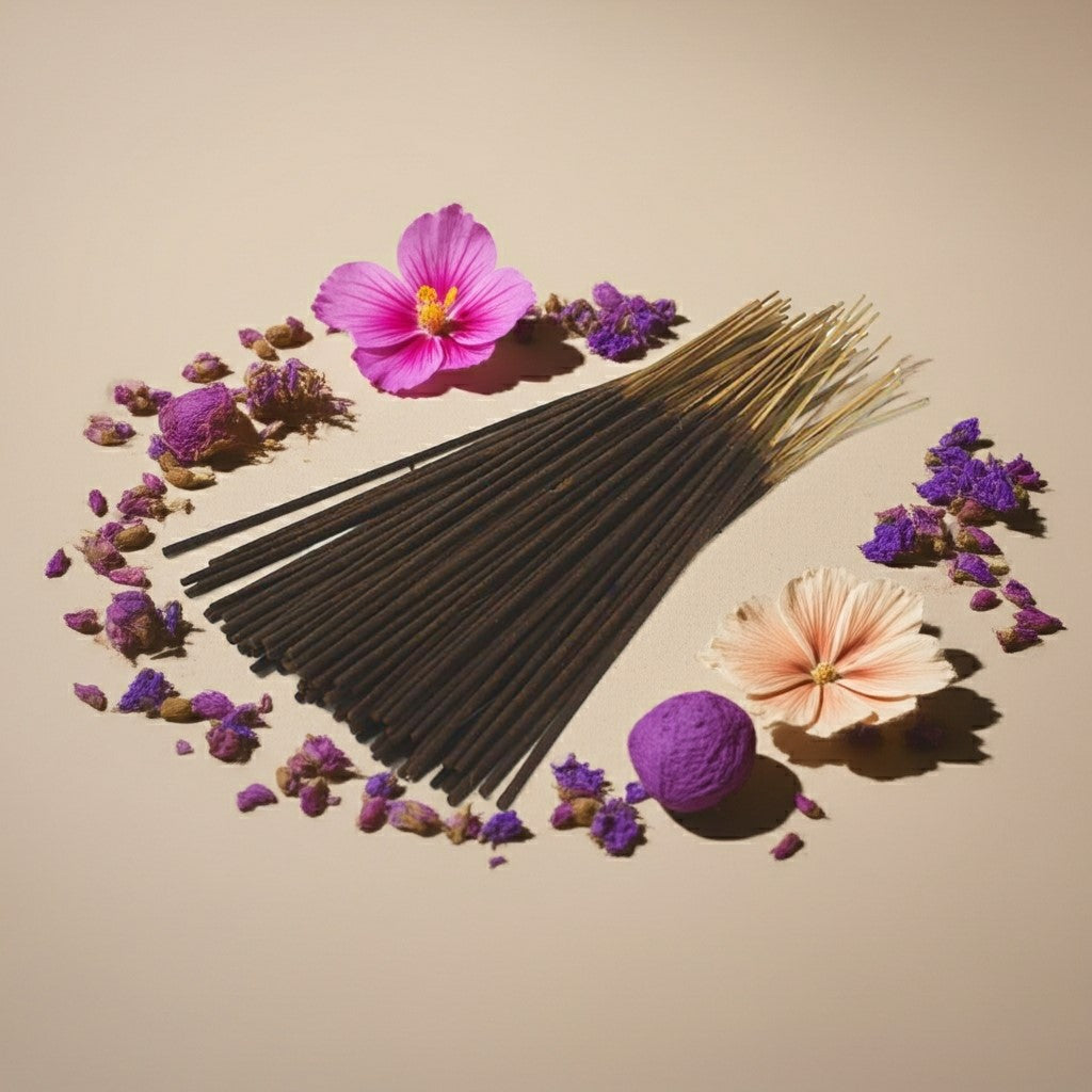 Love Spell Inspired Incense Sticks with decorative flowers and balls on a beige background