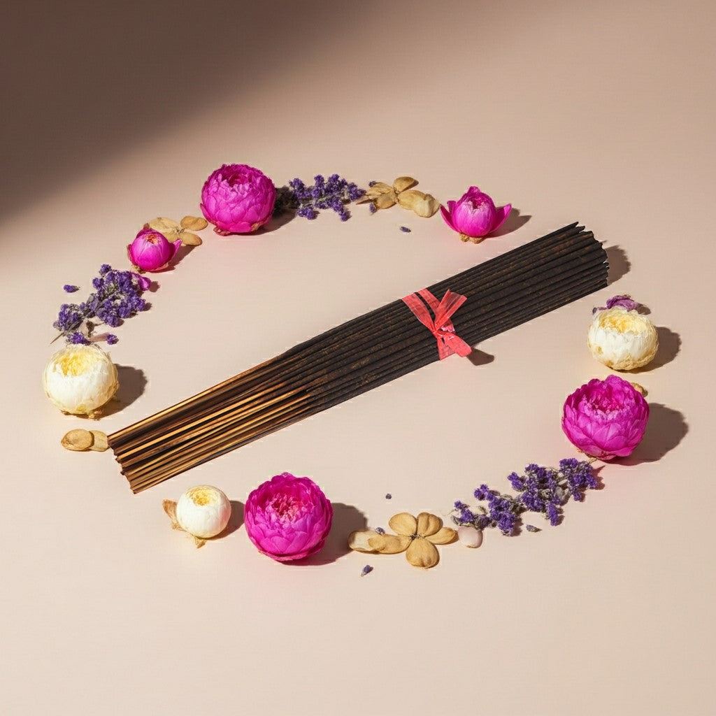 Love Spell Inspired Incense Sticks with decorative flowers and balls on a beige background