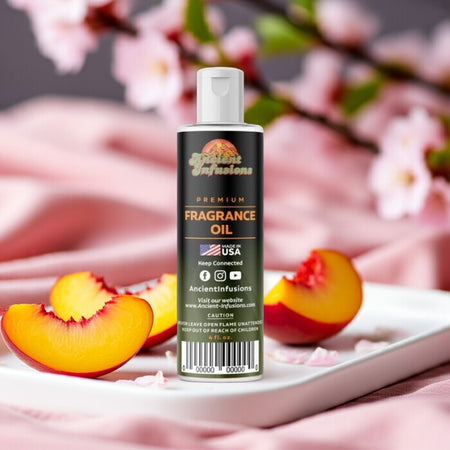 Fragrance oil bottle with peach slices and cherry blossoms in the background