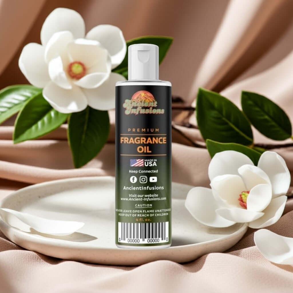 Magnolia Fragrance Oil bottle with blooming magnolia flowers, highlighting pure and uncut floral scent.