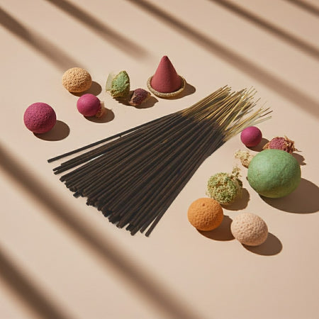 Magnolia Incense Sticks with colorful cones and balls on a beige background