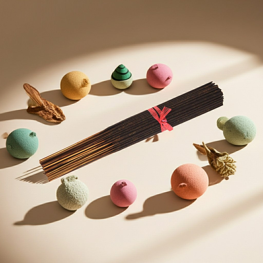 Magnolia Incense Sticks with colorful bath bombs and natural elements on a beige background