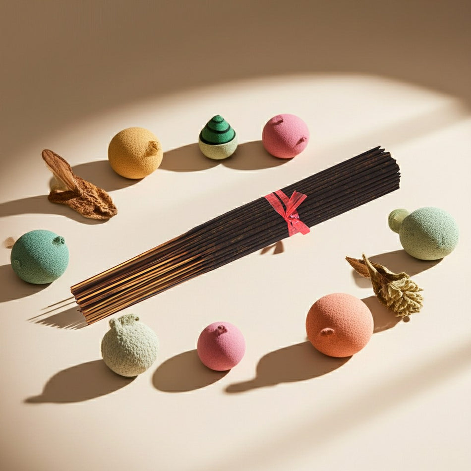 Magnolia Incense Sticks with colorful bath bombs and natural elements on a beige background