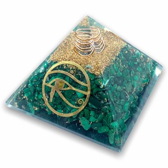 Malachite Orgonite Pyramid by Ancient Infusions - Harmonize your space with the revitalizing energy of Malachite crystal and the purifying effects of orgonite.