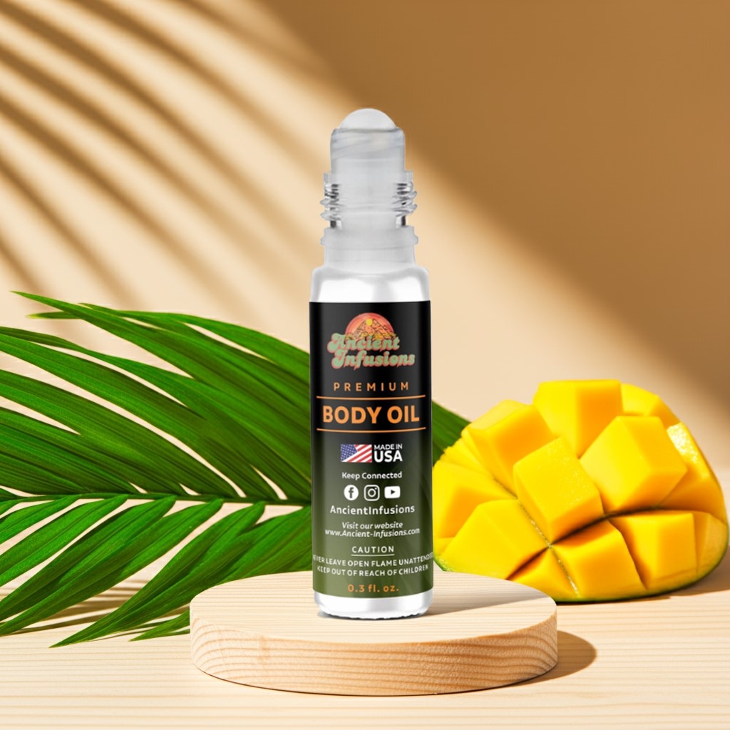 Mango Butter body oil roll-on standing on wood tray with sliced mango and tropical leaves