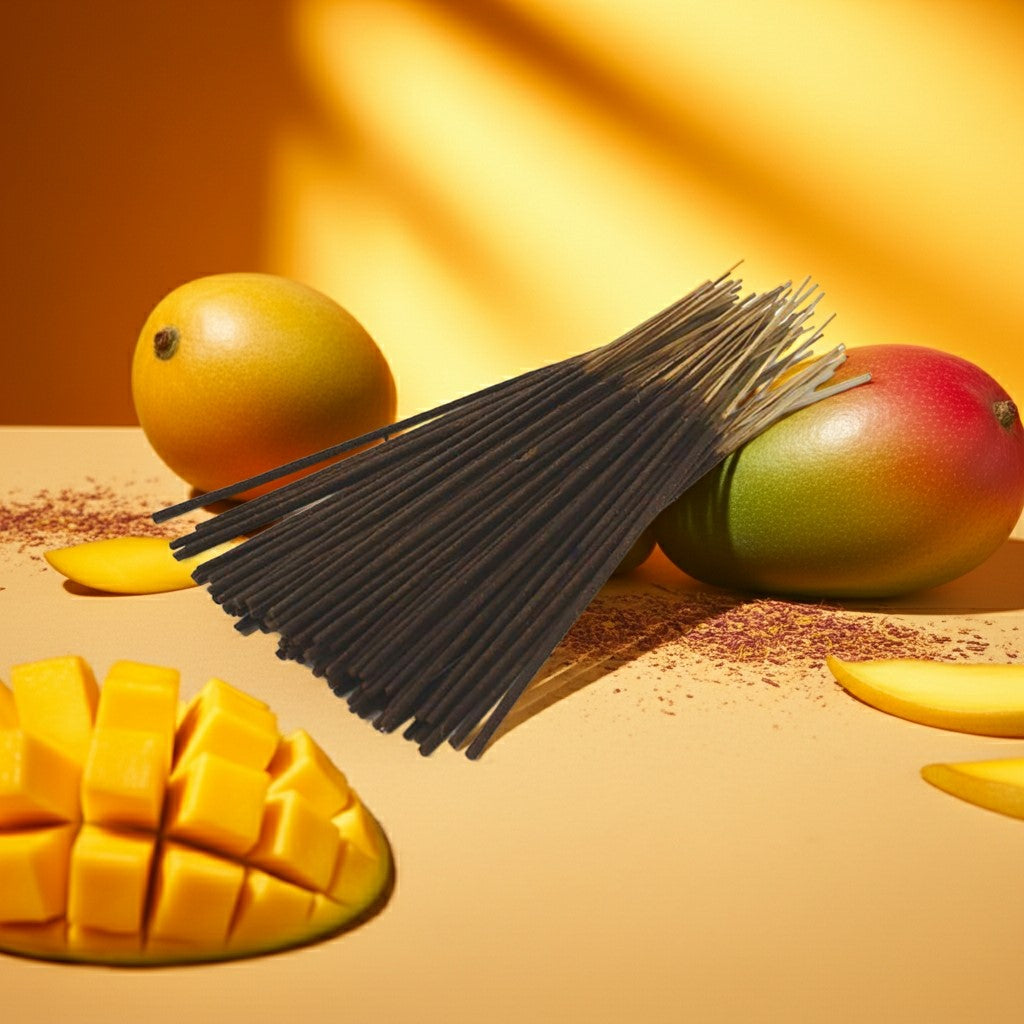Mangoes and Mango Butter Incense Sticks on a warm-toned background