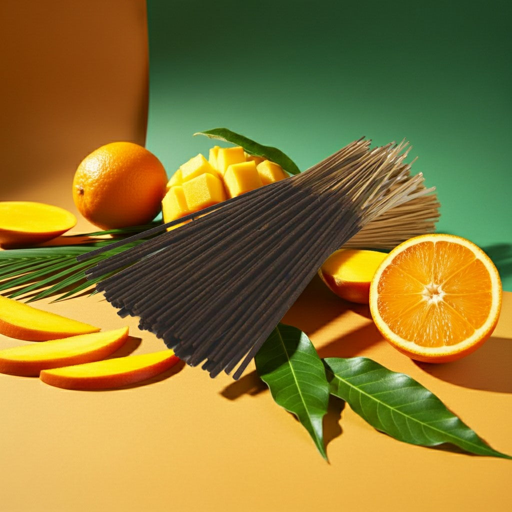 Mango Thieves Incense Sticks with sliced mangoes and oranges on a colorful background