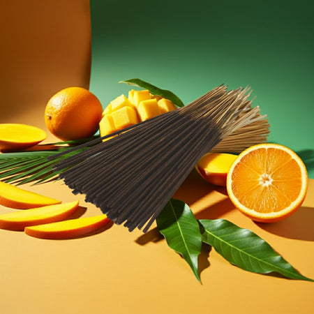 Mango Thieves Incense Sticks with sliced mangoes and oranges on a colorful background