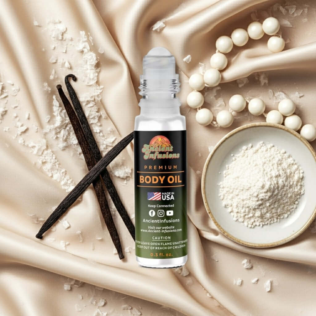 Matiere Premiere Vanilla Powder Inspired Body Oil with vanilla beans and powder, highlighting premium ingredients.