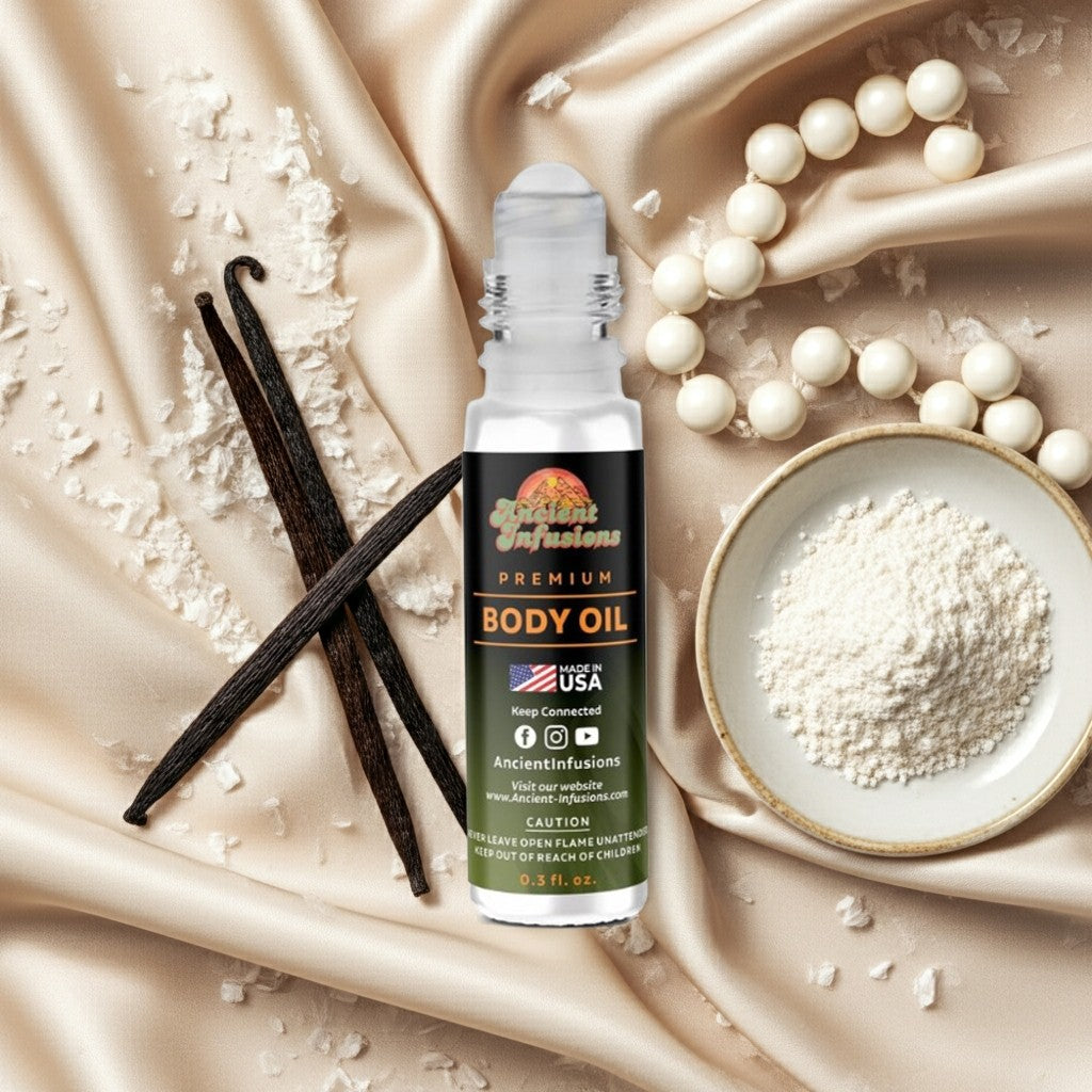 Matiere Premiere Vanilla Powder Inspired Body Oil with vanilla beans and powder, highlighting premium ingredients.