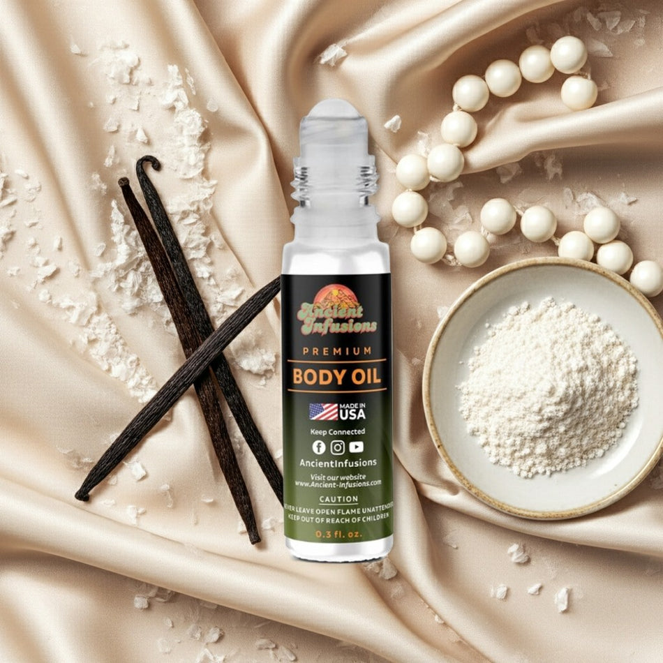 Matiere Premiere Vanilla Powder Inspired Body Oil with vanilla beans and powder, highlighting premium ingredients.