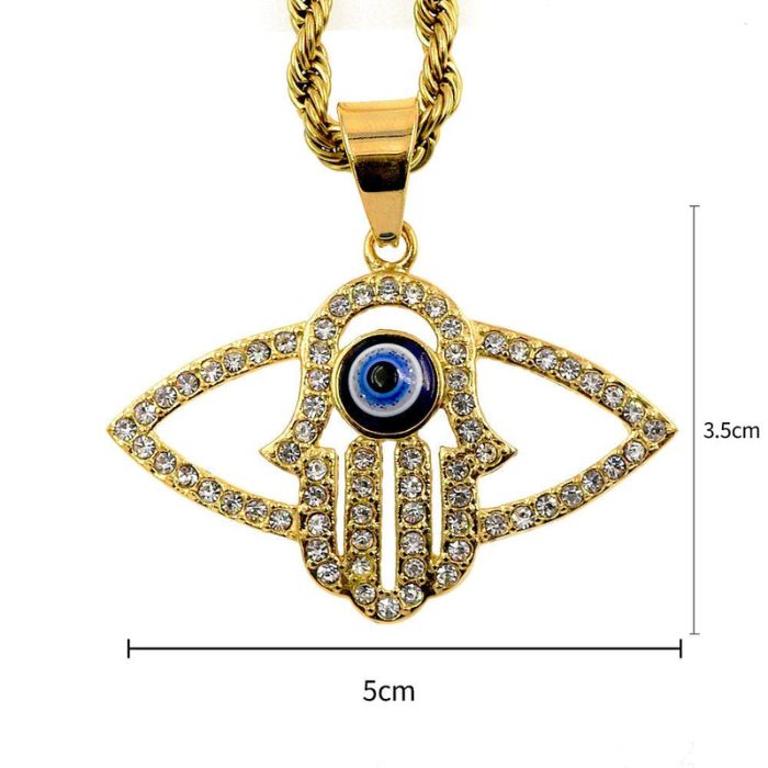 Men’s 18k Gold-Plated Hamsa Necklace with Blue Evil Eye Pendant and Stainless Steel Chain by Ancient Infusions.