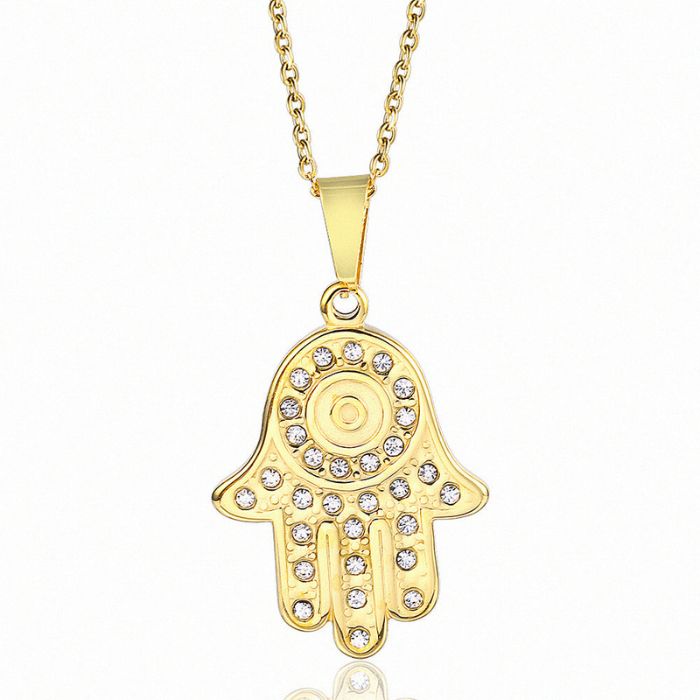 Men’s Gold and Silver Hamsa Hand Necklace with Evil Eye Pendant and Stainless Steel Chain by Ancient Infusions.