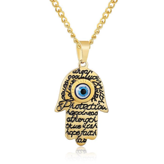 Men’s Gold and Silver Hamsa Evil Eye Pendant Necklace with Stainless Steel Chain by Ancient Infusions.