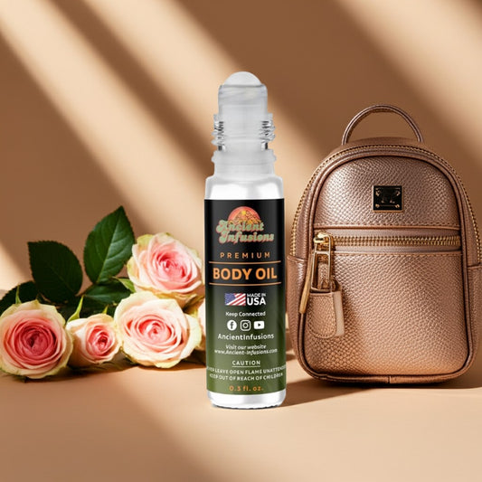 MCM Unisex Inspired Body Oil Roll-On with luxury backdrop