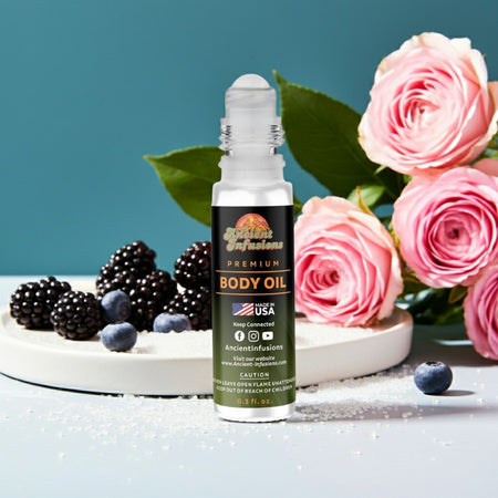 Michel Germain Sugarful Inspired Body Oil with berries and roses in background.