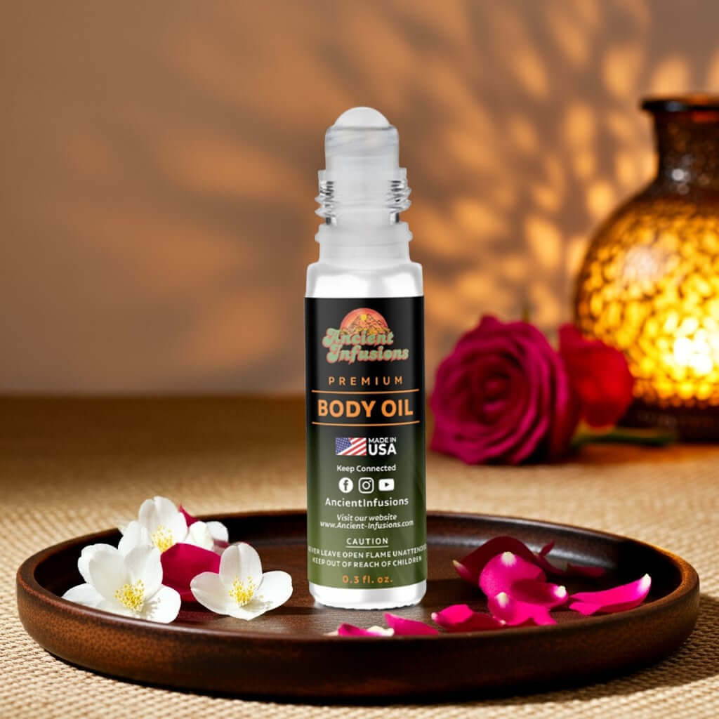 Michelle Obama Body Oil bottle on decorative tray with flowers