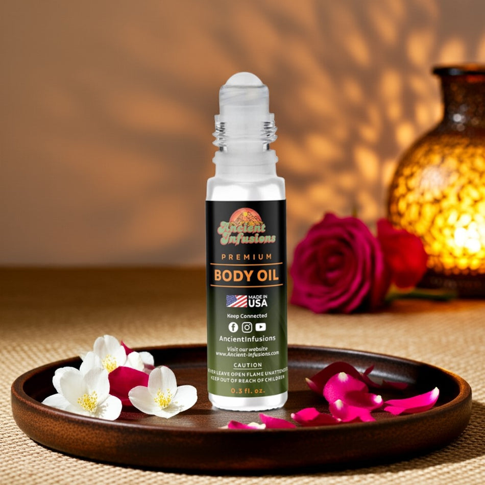 Michelle Obama inspired body oil bottle on wood tray with soft floral and musk notes