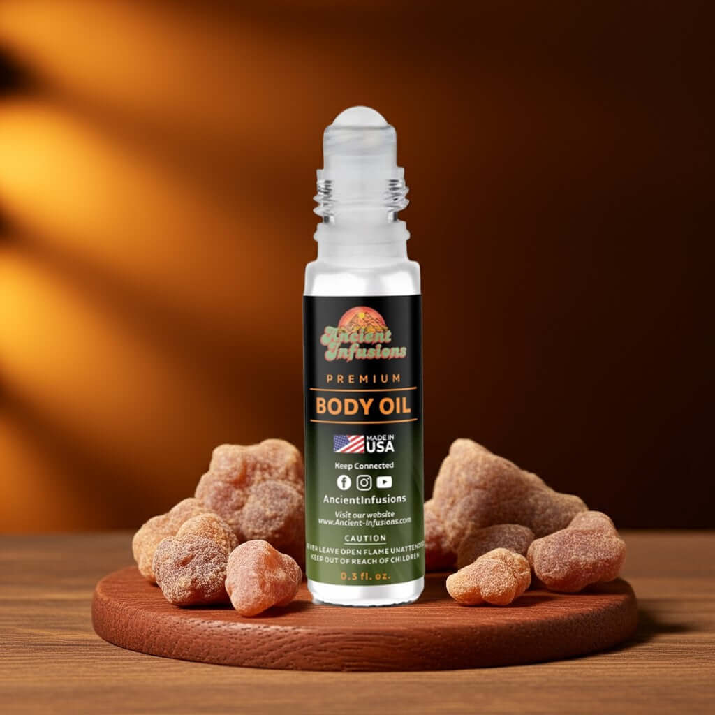 Bottle of Myrrh Body Oil surrounded by myrrh resin pieces on a wooden surface, highlighting premium, pure, and uncut properties.