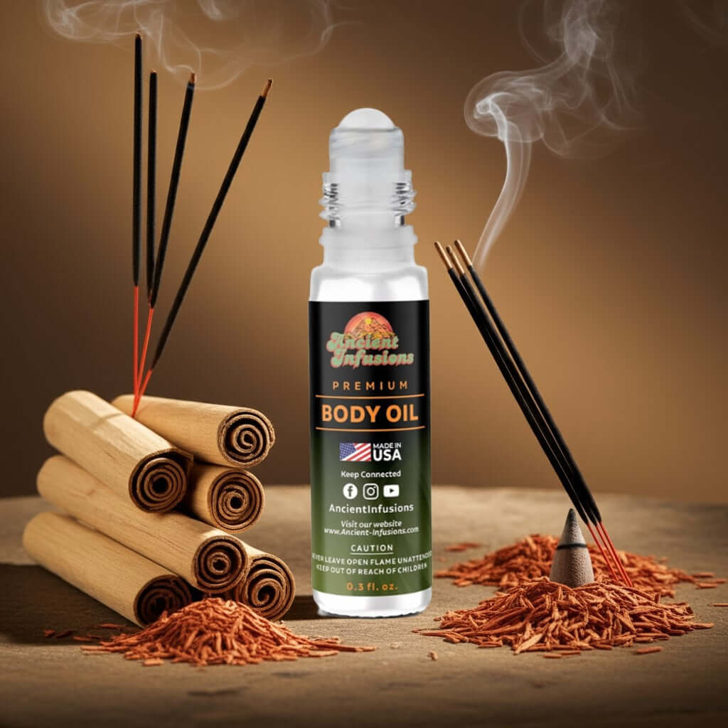 Nag Champa body oil bottle on a wooden tray surrounded by incense and dried herbs