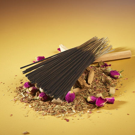 Nag Champa Incense Sticks with dried herbs and flowers on a yellow background