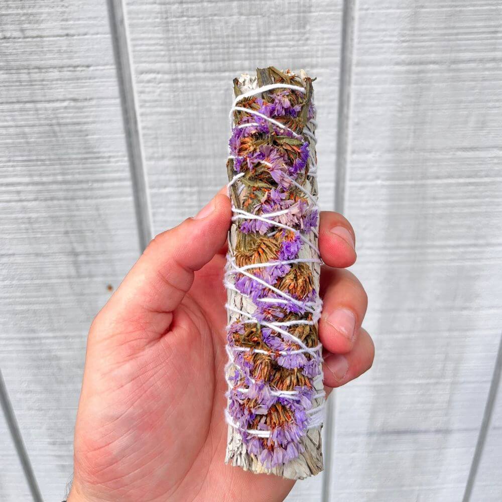 Lavender Native White Sage Smudge Stick - 6 inch - Cleansing and Relaxation Benefits.