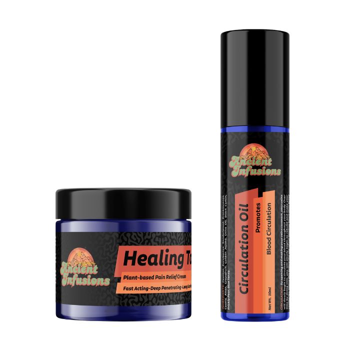 Healing Touch & Circulation oil from Ancient Infusions on a white background, one jar and one bottle.
