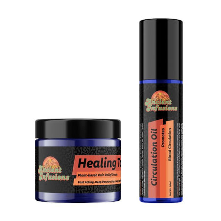 Healing Touch & Circulation oil from Ancient Infusions on a white background, one jar and one bottle.