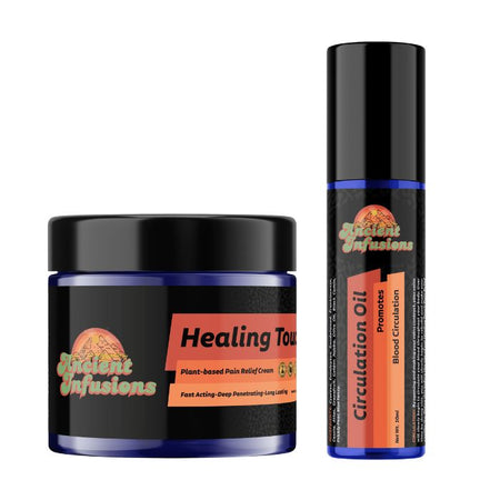 Two products from Ancient Infusions: a jar labeled 'Healing Touch' and a bottle labeled 'Circulation Oil' on a white background.