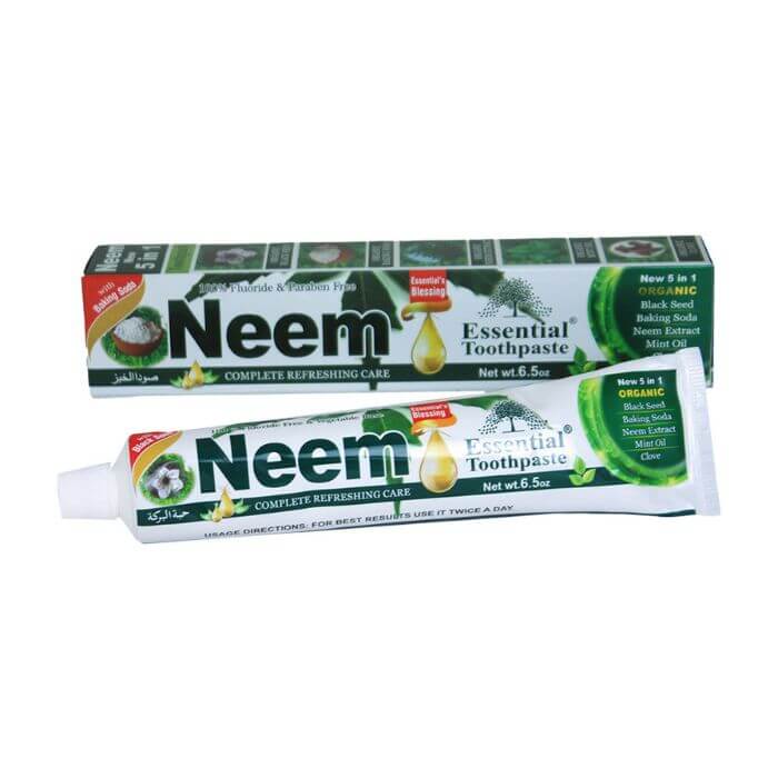Essential Palace Neem 5-in-1 Fluoride-Free Toothpaste with natural herbal ingredients for complete oral care.