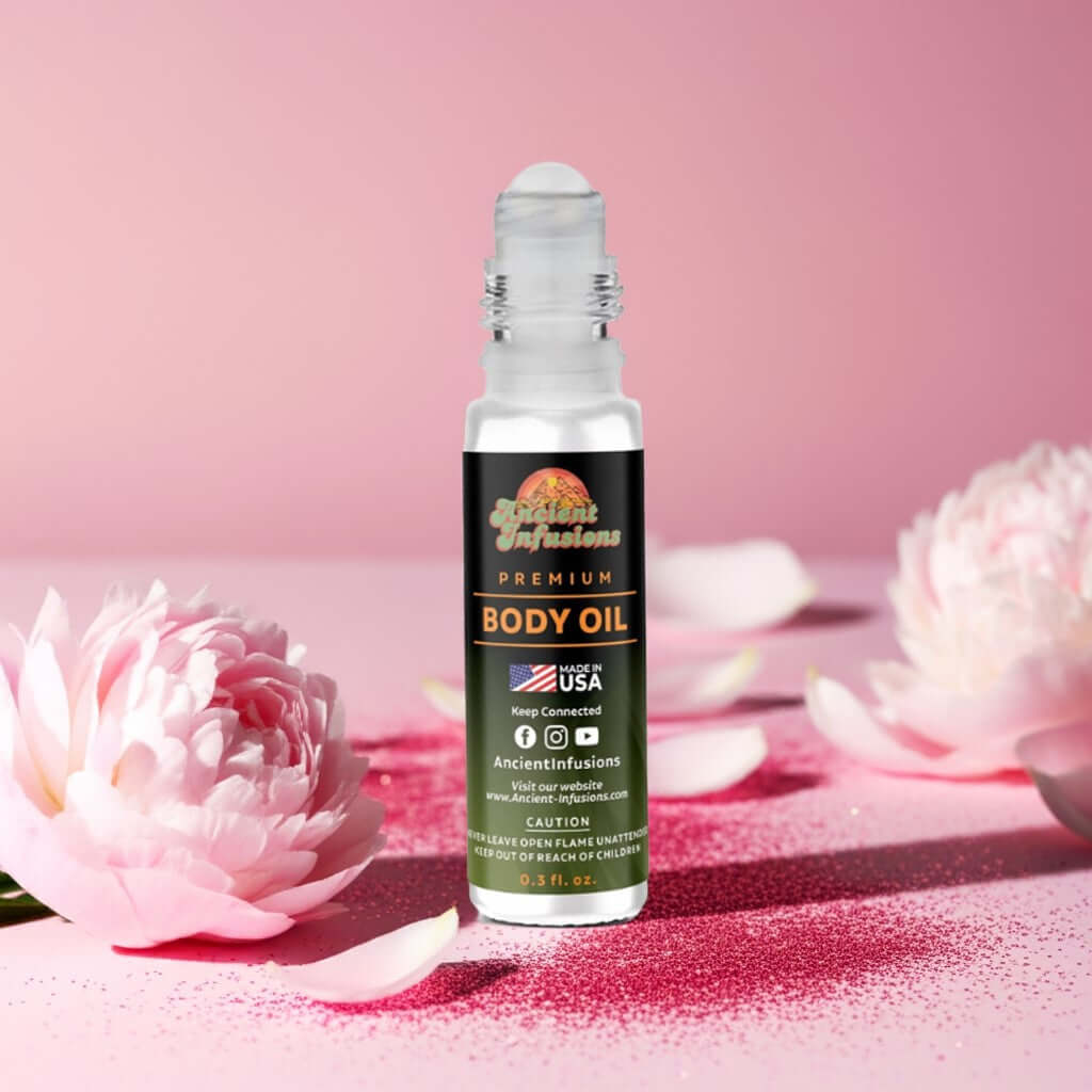 Nicki Minaj Pink Friday inspired body oil on blush-toned table with soft pink shimmer and florals