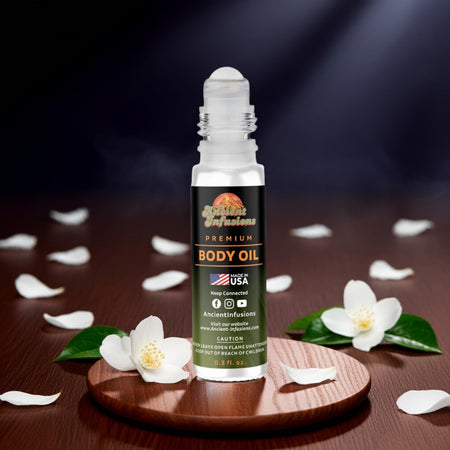 Night Queen body oil standing upright on a wooden platform with florals and soft lighting