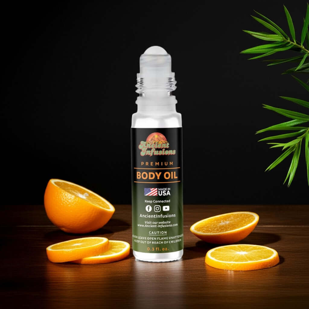 Barack Obama Body Oil bottle with sliced oranges showcasing premium, alcohol-free fragrance in a clear roll-on container.