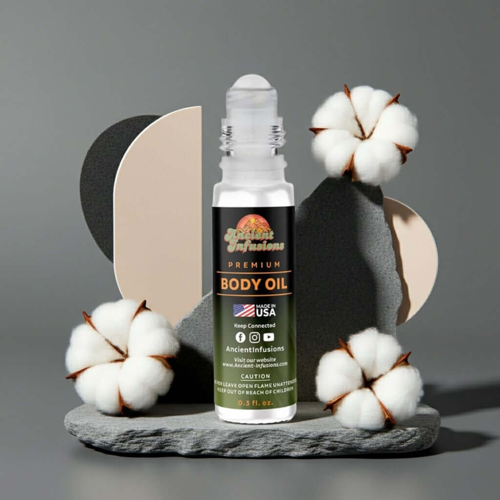 Off-White Solution 1 Inspired Body Oil with cotton and abstract background