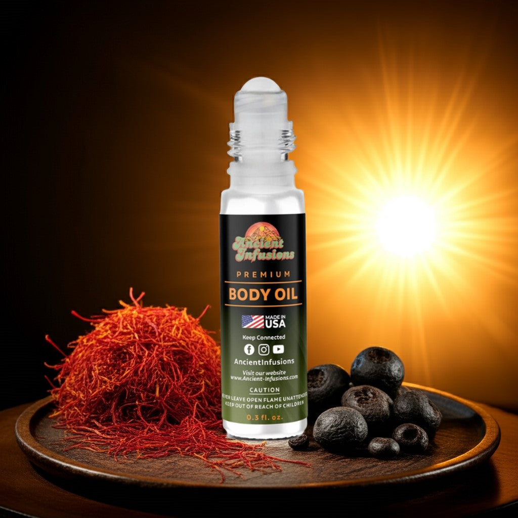 Paco Rabanne One Million Golden Oud Inspired Body Oil bottle with saffron and scented woods on a display.