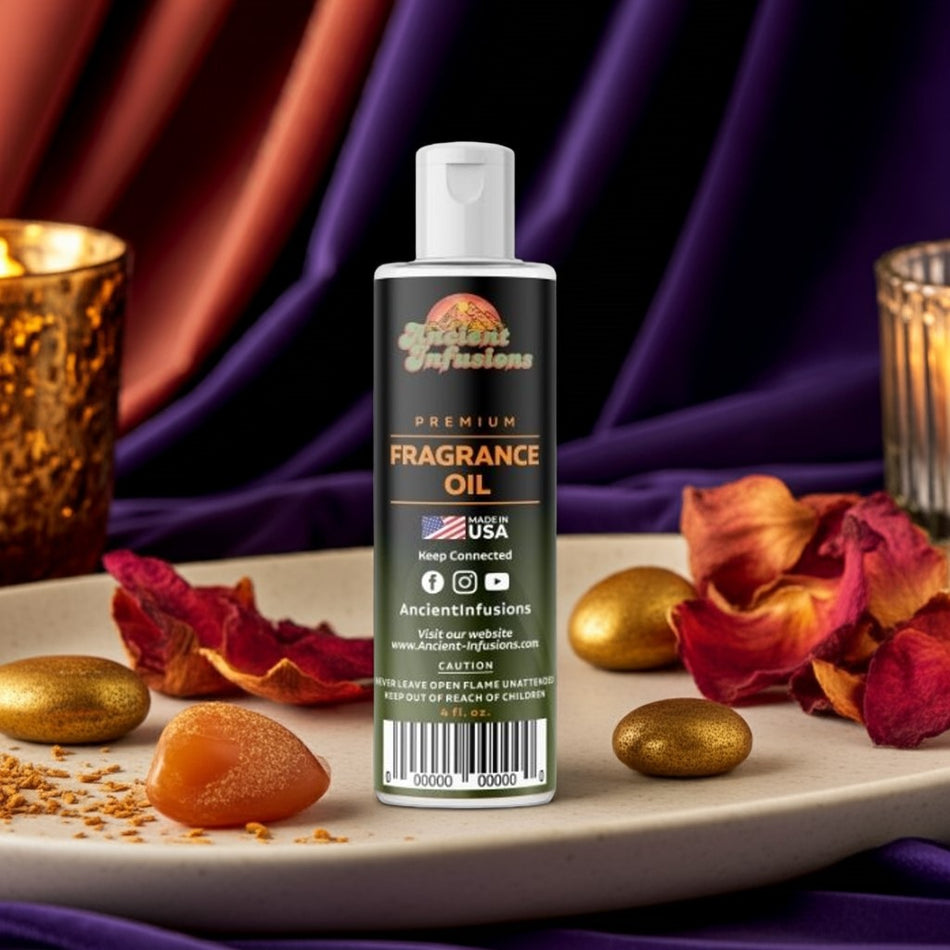 Bottle of Ancient Infusions fragrance oil with decorative elements on a table