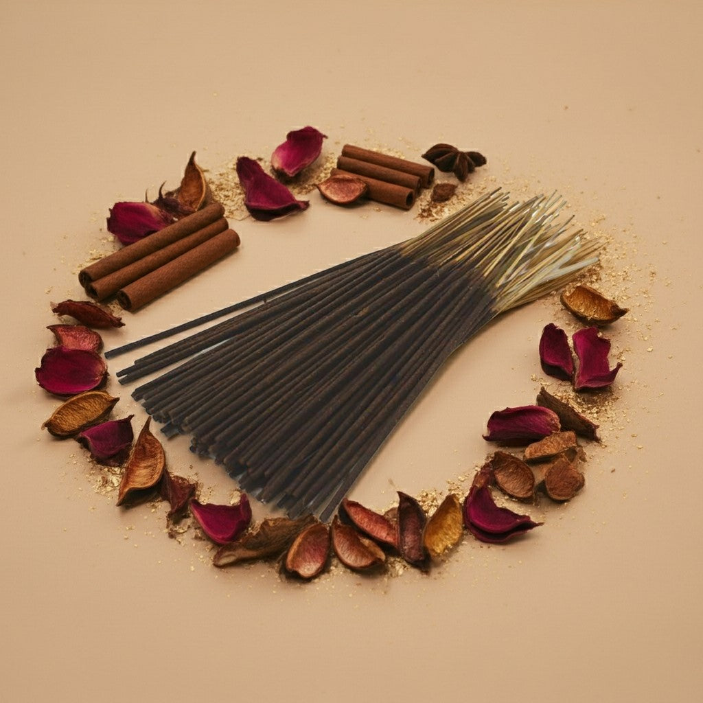 Opium Incense Sticks with cinnamon sticks and dried leaves on a beige background