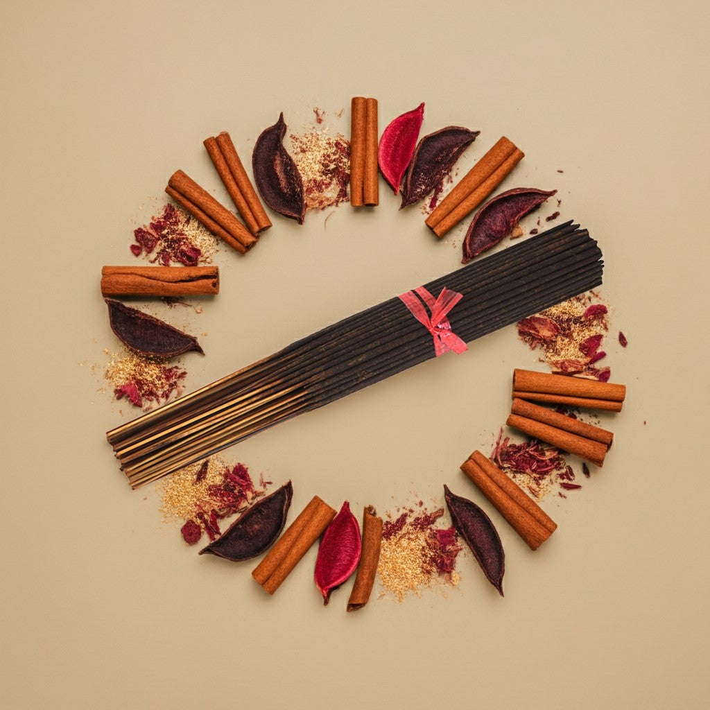 Opium Incense Sticks with cinnamon sticks and dried leaves on a beige background